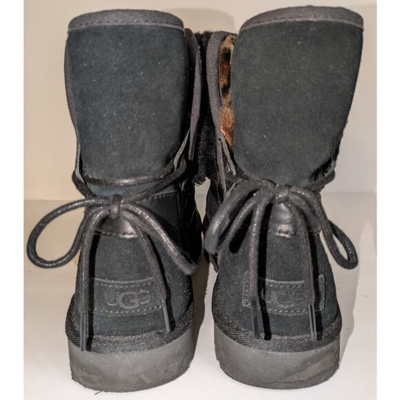 UGG Women's 10 Classic Leopard Lined Bow Black Suede Boots Animal Print 1105354 - Picture 7 of 14